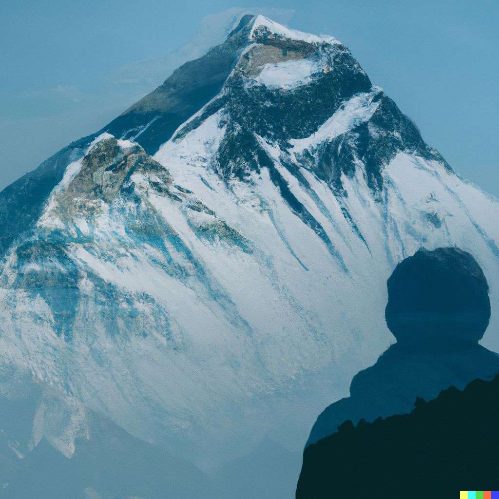 someone gazing at Mount Everest, photograph, double exposure